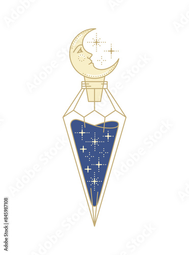 Delicate crystal bottle with crescent-shaped stopper and stars. Starry night essence. Magic elixir or potion. Mystical vector illustration.