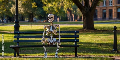 skeleton man, covered with a net and surrounded by spiders, sits on a park bench, patiently waiting for the perfect woman. His bony fingers tap the bench, a haunting yet humorous testament to eternal, photo