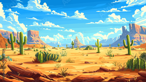 Cartoon Horizontal Desert Background Prairie with Cacti and Blue Sky with Puffy Clouds. Game Style Illustration Arid Landscape Sandy Terrain Wild West Scene Natural Habitat Clipart