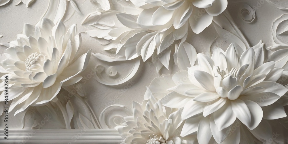 seamless background featuring beautiful, voluminous flowers intricately sculpted in stucco molding on a plaster wall. The cinematic style highlights the exquisite details and shadows, creating a luxur seamless background featuring beautiful, voluminous flowers intricately sculpted in stucco molding on a plaster wall. The cinematic style highlights the exquisite details and shadows, creating a luxur