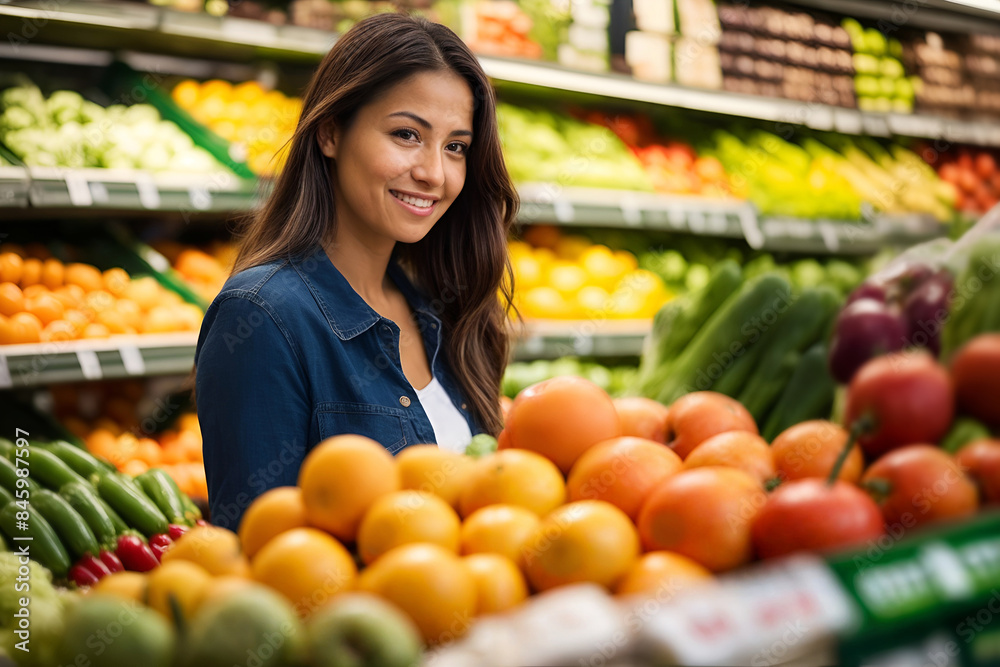 Smiling hispanic woman in the Produce Section of the supermaket shopping for fresh fruits and vegetables