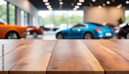wood table top with cars in showroom blurred defocused background generative ai © Chaudhry