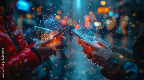 two people sending money to each other with their cellphones, digital elements,generative ai