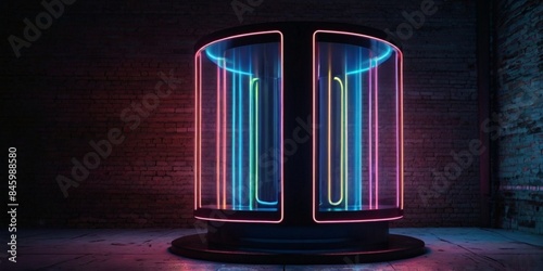 futuristic pedestal adorned with glowing neon lines, emitting vibrant hues. The sleek design and illuminated accents create a striking visual effect, evoking a cinematic ambiance and capturing attenti photo