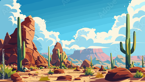 Cartoon Style Desert Landscape with Cacti and Bizarrely Shaped Rocks. Game Style Illustration Arid Wilderness Wild West Scene Southwest Terrain Nature Clipart