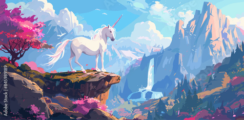 Cartoon Style Fairytale Landscape Depicting a White Unicorn Standing on the Cliff of a Mountain. A Fairytale Landscape with Mountains and Waterfalls Can Be Seen in the Background