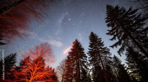 Blazing meteor leaves fiery trail, illuminating the night sky with its intense presence