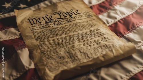 A close-up view of the original text of the US Constitution lying on an American flag