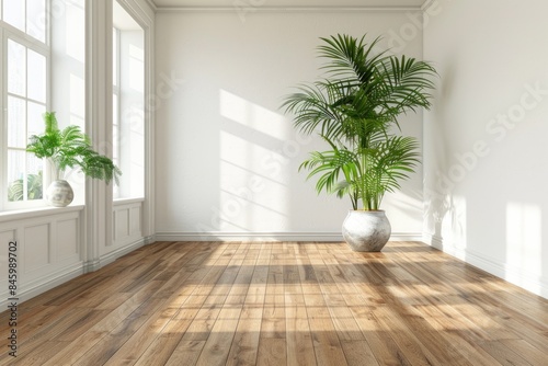 Wallpaper Mural White walls  hardwood floors  large green plant in living room. Torontodigital.ca