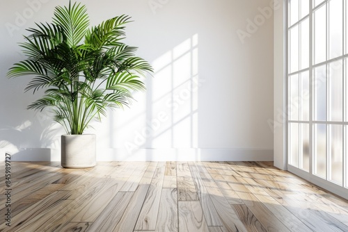 Wallpaper Mural White walls  hardwood floors  large green plant in living room. Torontodigital.ca