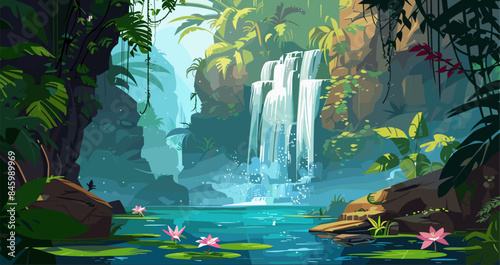 Cartoon Style Landscape of a Tropical Gorge with a Waterfall and Lake Below It. Lilies in the Water and Tropical Plants and Lianas. Game Style Jungle Paradise Exotic Wilderness