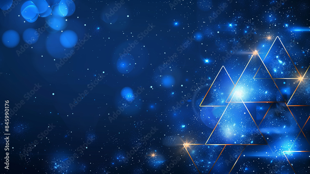 Abstract triangle geometric background featuring a deep blue color with scattered, sparkling stars and golden outlined triangles Abstract triangle geometric background featuring a deep blue color with scattered, sparkling stars and golden outlined triangles