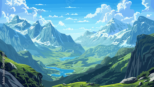 Cartoon Style Landscape View of a Mountain Gorge from the Top of a Mountain. Mountain Peaks, Lakes, and Villages Below. Game Style Illustration Scenery Mountain Range Vista Clipart