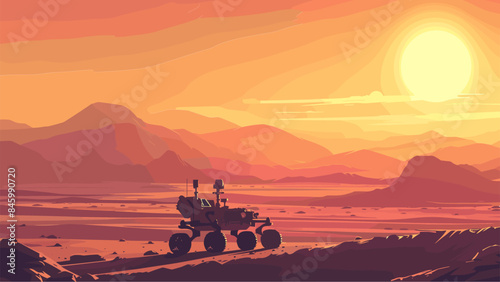 Cartoon Style Martian Landscape at Sunset. The Rover Stands on the Plateau Against the Background of the Setting Sun and Mountains. Game Style Space Exploration Red Planet