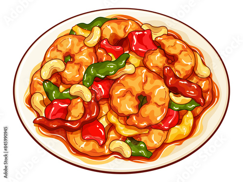 Shrimp stir fry sweet and sour illustration vector. Sweet and sour shrimp stir fry with bell pepper. Chinese sweet and sour shrimp recipe. Thai sweet and sour shrimp. Stir fried prawns with cashew nut