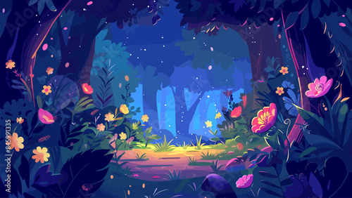 Cartoon Style Secret Clearing with Magical Flowers in the Middle of a Dark Magical Forest. Illustration in Game Style Enchanted Woods Fantasy Landscape Mystic Nature Scene Clipart
