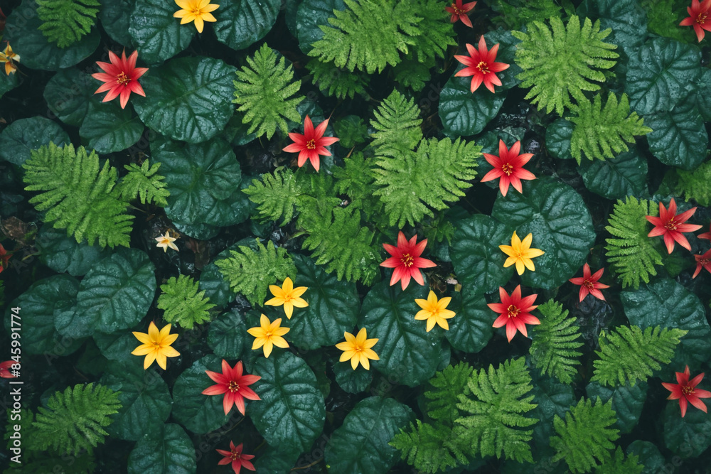 Rainforest natural flowers and leaves on black background pattern with flowers Rainforest natural flowers and leaves on black background pattern with flowers