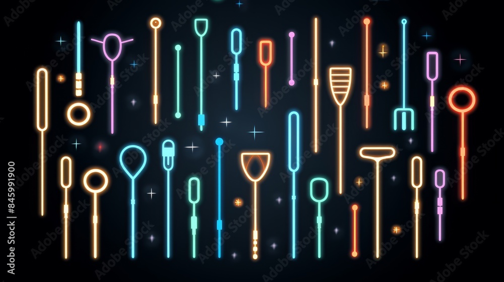 Vibrant neon dental tools showcase functionality and form in modern art composition Vibrant neon dental tools showcase functionality and form in modern art composition