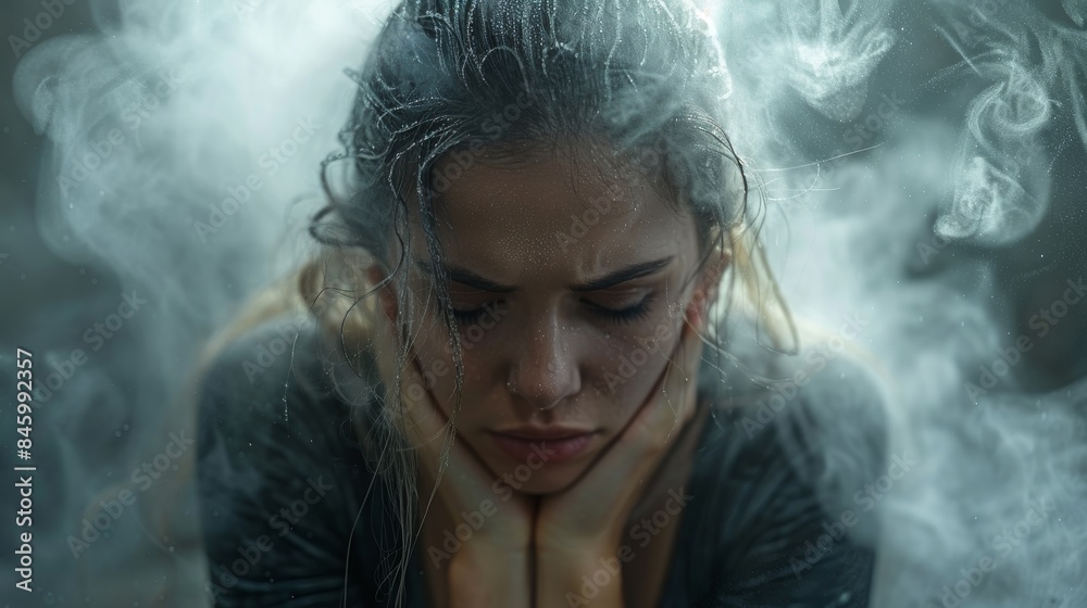 A powerful image depicting a distressed woman amidst swirls of smoke, creating an atmosphere of mystery
