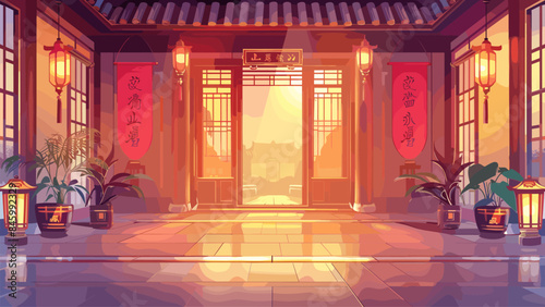 Traditional Chinese Style Room with Soft Lighting. Vector Cartoon Game Style Illustration Oriental Interior Design East Asian Decor Clipart