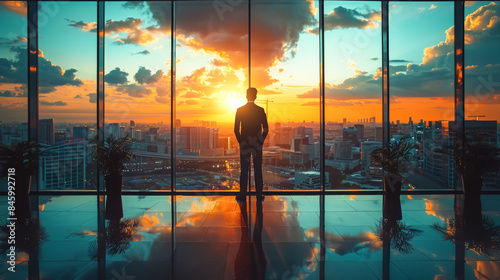 A man in a suit is looking out of a window at a city. He is holding a clipboard and he is focused on something. Concept of ambition and determination