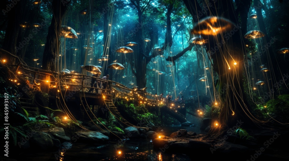 Enchanting forest night fireflies illuminate the dark, crafting a magical ambiance Enchanting forest night fireflies illuminate the dark, crafting a magical ambiance