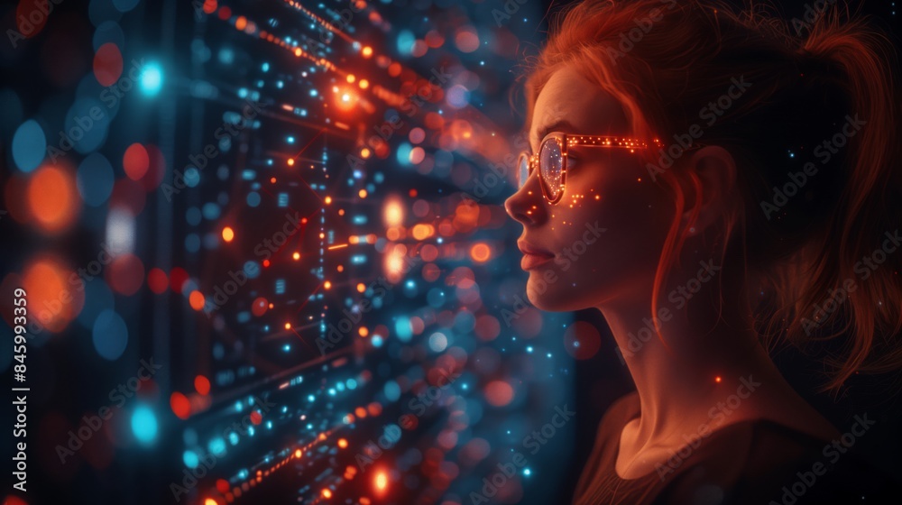 A woman attends a virtual conference, her face illuminated by the light from her digital screen. The screen displays a blurry background of glowing, digital data. A woman attends a virtual conference, her face illuminated by the light from her digital screen. The screen displays a blurry background of glowing, digital data.