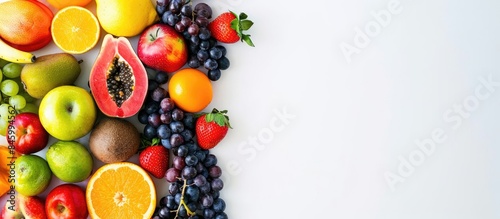 Fresh and Colorful Array of Fruits on a White Table with Space for Copy.