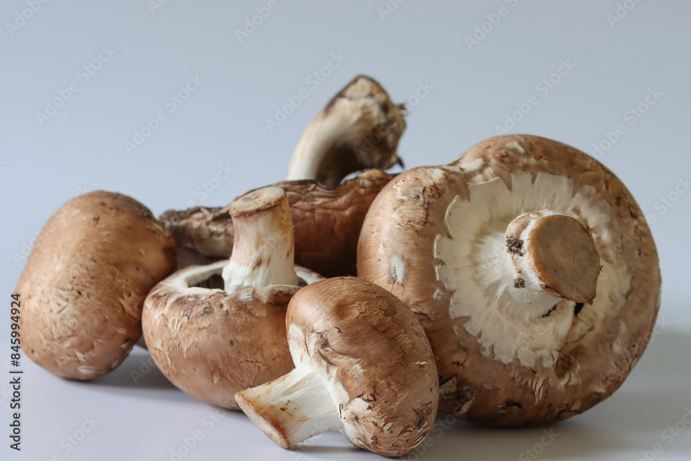Close-up Images Of Brown And White Mushrooms On A White Background Close-up Images Of Brown And White Mushrooms On A White Background