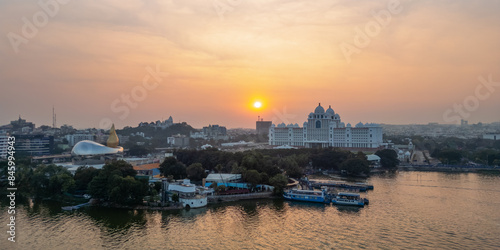 Aerial view of Telangana Secretariat building, in Hyderabad, is the fourth most populous city and sixth most populous urban agglomeration in India.
