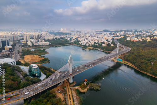 Aerial view of Durgaam Cheruvu suspension bridge in Hyderabad city, India.