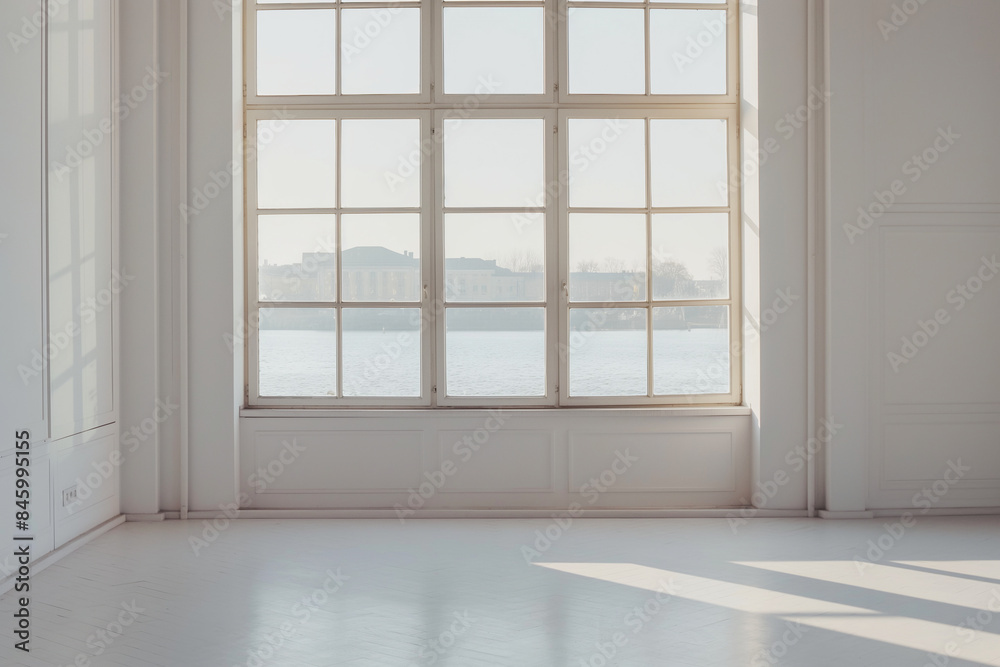 Obraz premium Bright interior space with large window overlooking cityscape and river