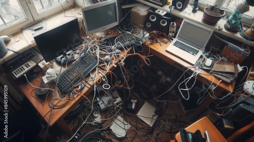 A cluttered desk with multiple electronics, including a laptop, desktop computer, and a keyboard, covered in a tangled mess of cords and cables.