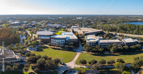 Panoramic view of aerial view of University of Central Florida campus in Orlando.