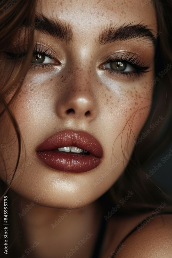 Brunette Fashion Model: Model's lips adorned with bold red lipstick and neutral make-up. Head turned to gaze towards camera. Fashion. Beauty. Cosmetics. Salon. Brunette Fashion Model: Model's lips adorned with bold red lipstick and neutral make-up. Head turned to gaze towards camera. Fashion. Beauty. Cosmetics. Salon.