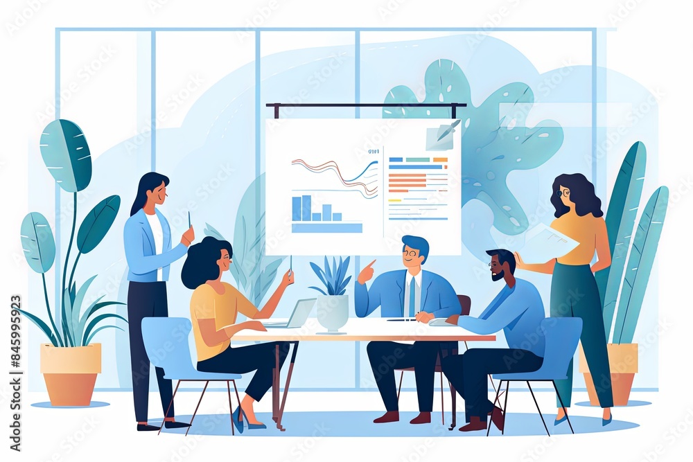 flat vector style illustration, a diverse group of people talking and collaborating flat vector style illustration, a diverse group of people talking and collaborating