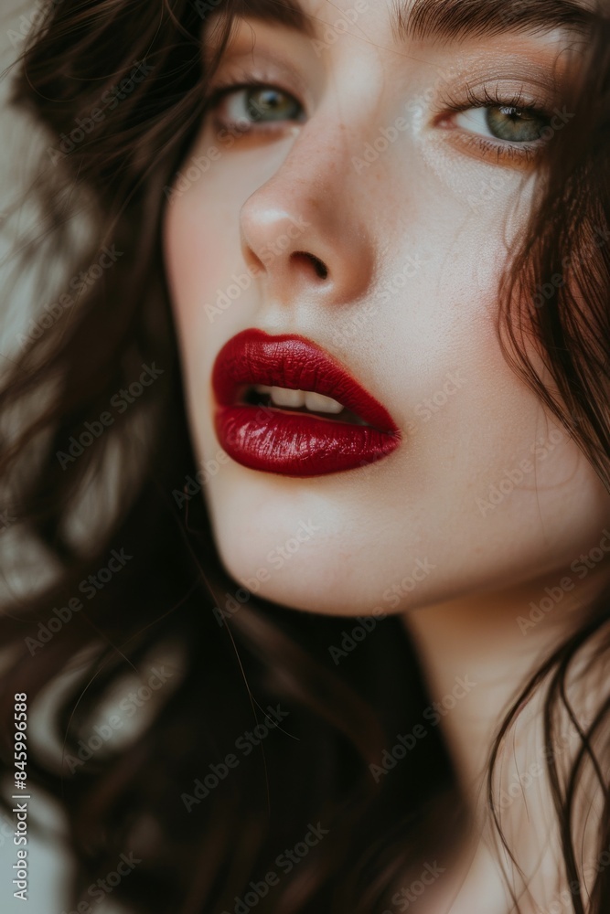 Brunette Fashion Model: Model's lips adorned with bold red lipstick and neutral make-up. Head turned to gaze towards camera. Fashion. Beauty. Cosmetics. Salon. Brunette Fashion Model: Model's lips adorned with bold red lipstick and neutral make-up. Head turned to gaze towards camera. Fashion. Beauty. Cosmetics. Salon.