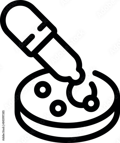 Line icon of a pipette dropping liquid on a petri dish, representing scientific research and laboratory analysis