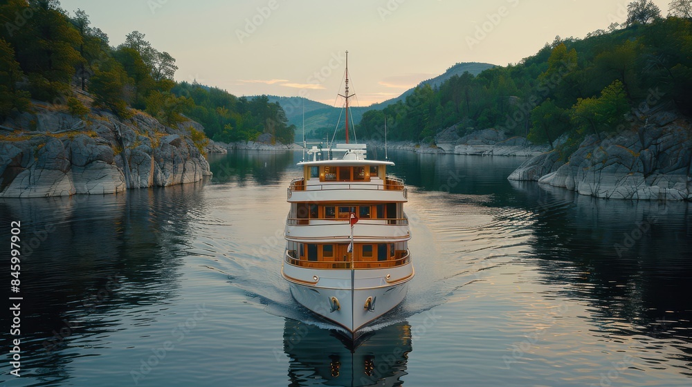 Naklejka premium Luxury Yacht Sailing Through Serene Mountainous River Canyon During Sunset, Surrounded by Lush Green Trees and Beautiful Scenery