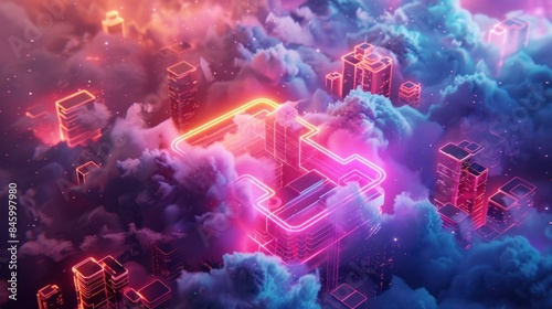 Illuminate a digital sky with radiant clouds, forming a mystical network symbol on an isometric canvas.