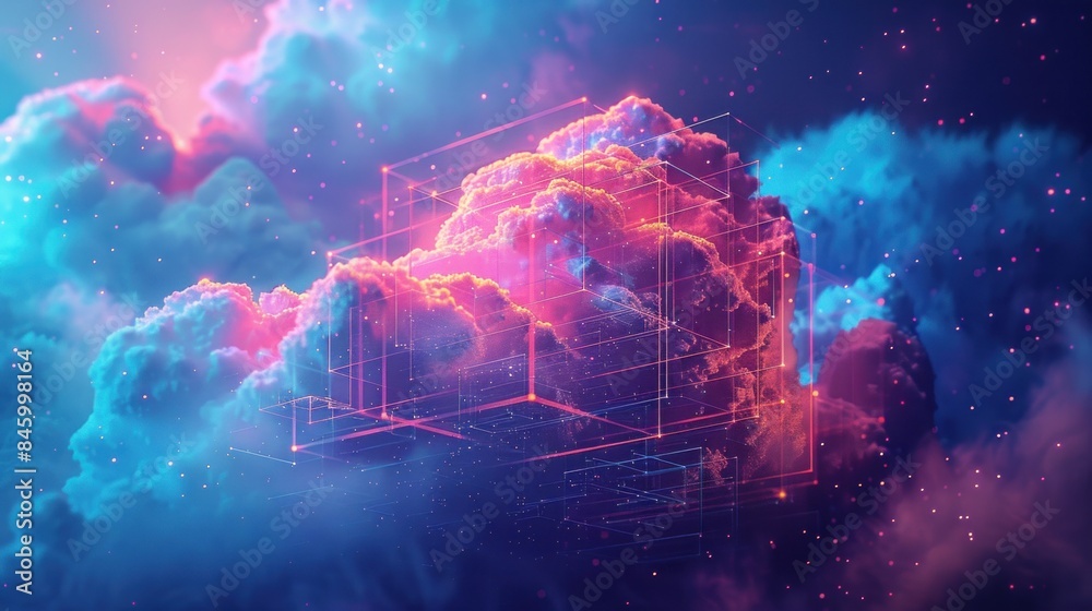 Creating a digital network symbol from luminous clouds against an isometric palette of vibrant colors. Creating a digital network symbol from luminous clouds against an isometric palette of vibrant colors.