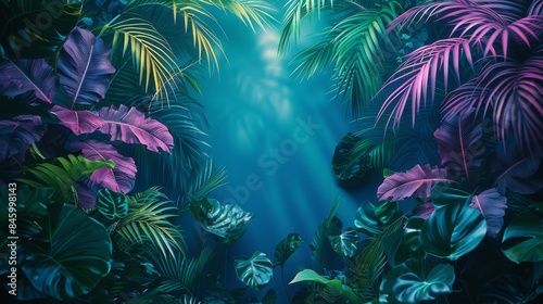 Vibrant tropical leaves with a ray of light piercing through, suggesting a mysterious and exotic jungle