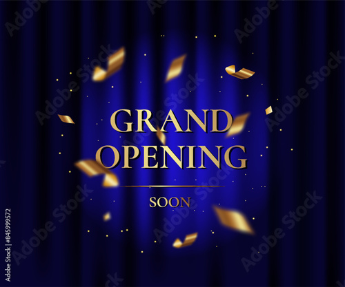 Blue curtain with spotlight. Grand openning luxury banner witch golden text, foil confetti and glitter. Vector illustration