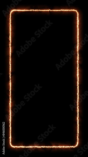 Animated frame with subtle fire effect around the edges, burning effect, orange, yellow and white colors. Seamless loop. Vertical. Black background. Ideal for composition and wallpaper. Copy space.