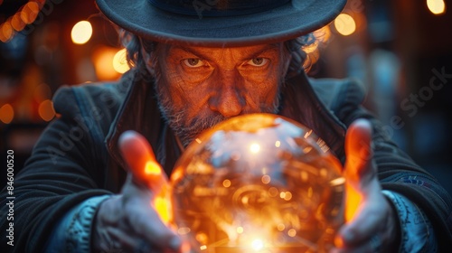 A close-up of a mysterious individual with a glowing orb, surrounded by bokeh light