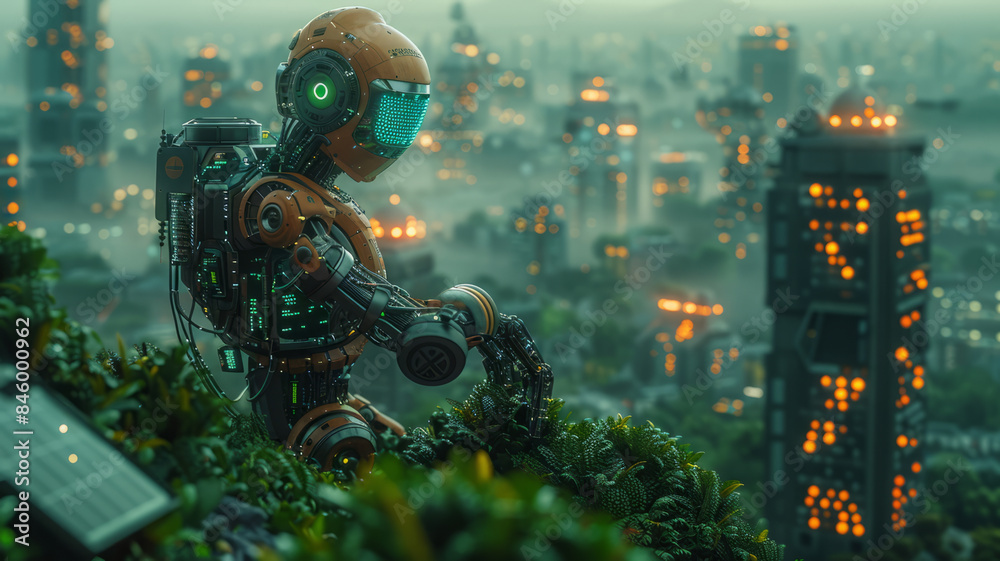 a dynamic image of a robotic arm sorting through a pile of solar panels, with a futuristic cityscape.generative ai