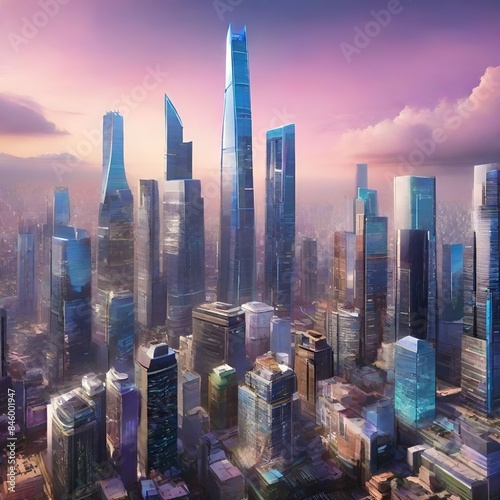 A vibrant, high-tech city filled with towering skyscrapers, holographic advertisements, and sleek, modern architecture. photo