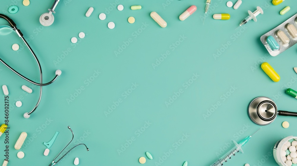 Fototapeta premium Pills and medical equipment, including a stethoscope, syringe, and scissors arranged at the border on a green banner background. Top view with ample copy space. 