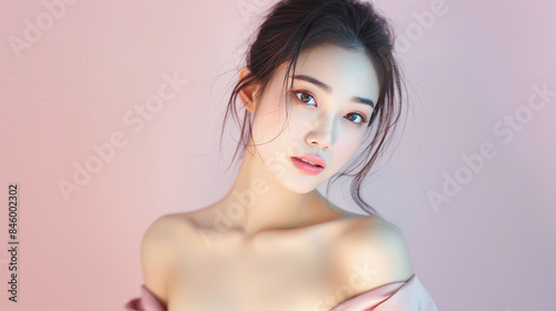 Asian female model posing in front of a uniform pastel pink background