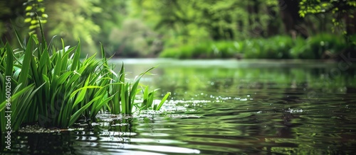 Tranquil River with Green Plants in the Foreground - Ample Space for Copy